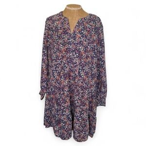 Time and Tru Short Tiered Dress Women’s Large Blue Ditzy Floral Long Sleeve Fall